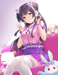 Rule 34 | 1girl, animal ear headphones, animal ears, black hair, blush, bow, bracelet, breasts, cat ear headphones, choker, closed mouth, couch, fake animal ears, feet out of frame, hand in own hair, hands up, headphones, highres, idolmaster, idolmaster shiny colors, jewelry, long hair, looking at viewer, mayuzumi fuyuko, medium breasts, oz-da-yon, pink shirt, pleated skirt, purple eyes, purple skirt, shirt, short sleeves, signature, sitting, skirt, smile, thighhighs, v, white thighhighs