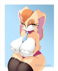 Rule 34 | 1girl, animal ears, breasts, brown eyes, brown fur, covering privates, covering breasts, curvy, furry, furry female, highres, huge breasts, kappa spark, lipstick, makeup, mature female, multicolored fur, necktie, rabbit ears, rabbit girl, rabbit tail, sonic (series), thick thighs, thighs, vanilla the rabbit, white fur, wide hips