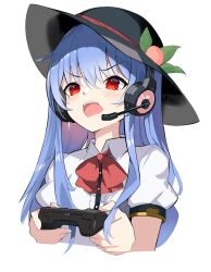 Rule 34 | 1girl, absurdres, black headwear, blue hair, commentary request, controller, cropped torso, food, fruit, game controller, headset, highres, hinanawi tenshi, holding, holding controller, holding game controller, leaf, long hair, open mouth, peach, red eyes, simple background, solo, tearing up, tetsurou (fe+), touhou, white background