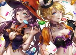 Rule 34 | 10s, 2girls, aqua eyes, arm garter, ayase eli, bat wings, blonde hair, blue eyes, blush, bow, breasts, candy, candy cane, cleavage, detached collar, food, hair bow, hand on own hip, hat, holding, lma, lollipop, long hair, love live!, love live! school idol festival, love live! school idol project, low twintails, medium breasts, mini hat, mini witch hat, multiple girls, one eye closed, parted lips, ponytail, purple hair, signature, smile, striped, striped bow, tojo nozomi, twintails, upper body, wings, witch hat