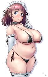 Rule 34 | 1girl, belly, bikini, blue eyes, blush, breasts, brown hair, cleavage, elbow gloves, gloves, highres, huge breasts, large breasts, looking at viewer, maid, maid bikini, maid headdress, original, plump, shigekikkusu, side-tie bikini bottom, simple background, solo, standing, string bikini, swimsuit, thick thighs, thighhighs, thighs, unconventional maid, white background