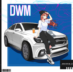 Rule 34 | 1girl, absurdres, arm up, barcode, beanie, black pants, car, cup, disposable cup, english text, hair between eyes, hat, highres, leaning on object, long hair, minj kim, motor vehicle, orange hair, original, pants, red eyes, shirt, shoes, short sleeves, solo, sweatpants, vehicle focus, watch, wheel, white shirt, wristwatch