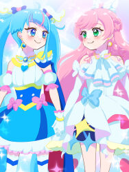 Rule 34 | 2girls, ascot, blue cape, blue dress, blue eyes, blue hair, bow, braid, brooch, cape, closed mouth, cure prism, cure sky, cut bangs, detached sleeves, dress, earrings, elbow gloves, fingerless gloves, french braid, frilled dress, frills, gloves, green eyes, hair bow, highres, hirogaru sky! precure, holding hands, jewelry, layered dress, long hair, looking at another, magical girl, multicolored hair, multiple girls, nekoko (nekonekonya), nijigaoka mashiro, pink hair, precure, puffy detached sleeves, puffy sleeves, red cape, short dress, side braid, single earring, single sidelock, sleeveless, sleeveless dress, smile, sora harewataru, sparkle, standing, streaked hair, thighhighs, twin braids, twintails, two-sided cape, two-sided fabric, very long hair, white ascot, white bow, white dress, white gloves, white thighhighs, wing brooch, wing hair ornament