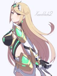 Rule 34 | 1girl, arms behind back, blonde hair, breasts, commentary, gloves, highres, hinoyama kou, large breasts, long hair, looking at viewer, mythra (xenoblade), solo, white background, white gloves, xenoblade chronicles (series), xenoblade chronicles 2