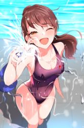 Rule 34 | 1girl, ;d, absurdres, barefoot, blurry, blush, breasts, brown eyes, brown hair, cleavage, collarbone, competition swimsuit, covered navel, depth of field, dripping, from above, groin, half-closed eye, hand up, high ponytail, highres, hose, long hair, looking at viewer, looking up, medium breasts, one-piece swimsuit, one eye closed, open mouth, original, ponytail, pool, poolside, purple one-piece swimsuit, sideboob, skin tight, smile, solo, spraying, standing, swimsuit, tile floor, tiles, water, water drop, wet, whistle, whistle around neck, wide hips, witchdalisweet