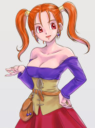 Rule 34 | 1girl, :d, bare shoulders, belt, breasts, cleavage, corset, dragon quest, dragon quest viii, earrings, hand on own hip, highres, jessica albert, jewelry, large breasts, long hair, looking at viewer, open mouth, orange hair, pekuchin (pekuchin 3), pouch, purple shirt, red eyes, red skirt, shirt, skirt, smile, solo, twintails