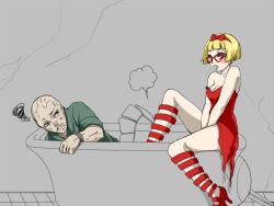 Rule 34 | 1boy, 1girl, animification, bad id, bad pixiv id, bare shoulders, bathtub, blonde hair, blush, bow, breasts, brown eyes, cleavage, covering privates, covering crotch, dress, facial hair, fallout (series), fallout: new vegas, glasses, hair bow, hairband, heart, high heels, jumpsuit, lips, medium breasts, mustache, personification, raul tejada, red-framed eyewear, shoes, strap slip, tabitha (fallout new vegas), takatsuka, takatsuka (dd kingyo), torn clothes, v arms