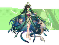 1girl absurdres bare_legs barefoot black_hair chinese_clothes colored_inner_hair dragon dress eastern_dragon green_dress green_eyes green_hair green_nails highres horns long_hair multicolored_hair nail_polish original puffy_sleeves see-through_clothes toenail_polish toenails very_long_hair xingchee