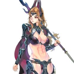 Rule 34 | 1girl, abs, armor, bad id, bad pixiv id, bikini armor, blonde hair, breasts, cleavage, cowboy shot, f.s., gorget, green eyes, horns, large breasts, lips, long hair, looking back, navel, on shoulder, original, pauldrons, polearm, serious, shoulder armor, solo, spear, standing, transparent background, vambraces, warrior, weapon, wind