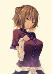 Rule 34 | 1girl, blonde hair, bloom, breasts, detached sleeves, green eyes, highres, ibuki notsu, large breasts, looking at viewer, mizuhashi parsee, pointy ears, revision, short hair, simple background, solo, touhou
