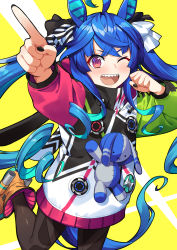 Rule 34 | 1girl, @ @, ahoge, animal ears, black nails, black pantyhose, blue hair, boots, bow, clenched hand, commentary request, crossed bangs, foot out of frame, hair bow, highres, horse ears, horse girl, horse tail, jacket, long hair, long sleeves, looking at viewer, multicolored bow, nail polish, one eye closed, open mouth, pantyhose, pointing, sharp teeth, smile, solo, standing, standing on one leg, stuffed animal, stuffed rabbit, stuffed toy, suneru, tail, teeth, twin turbo (umamusume), twintails, two-tone background, umamusume, upper teeth only, v-shaped eyebrows, very long hair, white background, yellow background