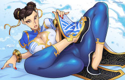 Rule 34 | 1girl, ass, bracelet, breasts, brown eyes, brown hair, cameltoe, capcom, chun-li, cleavage, cleavage cutout, clothing cutout, covered erect nipples, earrings, jewelry, large breasts, lipstick, makeup, nail polish, pants, shoes, solo, street fighter