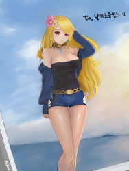 Rule 34 | 00s, 1girl, adjusting hair, arm behind head, bad id, bad pixiv id, bare shoulders, blonde hair, breasts, bustier, cleavage, day, dungeon and fighter, earrings, female focus, flower, hair flower, hair ornament, jewelry, korean text, large breasts, neck ring, necklace, off shoulder, photo (object), purple eyes, shaojiang, short shorts, shorts, sky, solo, standing, strapless, swept bangs, thigh gap