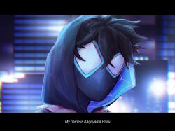 Rule 34 | 1boy, absurdres, black hair, chromatic aberration, commentary, cosplay, english commentary, english text, highres, hood, hood up, kageyama ritsu, letterboxed, male focus, marvel, mob psycho 100, portrait, short hair, solo, spider-man, spider-man: into the spider-verse, spider-man (cosplay), spider-man (series), spider-verse, spider web print, spideyuri, subtitled, two-sided fabric, two-sided hood