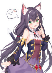 Rule 34 | 1girl, absurdres, angel no shousou, anger vein, animal ear fluff, animal ears, bare shoulders, black hair, blush, breasts, cat ears, cat girl, cat tail, cowboy shot, detached sleeves, dress, fang, food, food on face, food on hand, frilled sleeves, frills, gem, green eyes, hair tie, highres, index finger raised, karyl (princess connect!), long hair, long sleeves, low twintails, multicolored clothes, multicolored dress, multicolored hair, open mouth, pout, princess connect!, red gemstone, simple background, small breasts, solo, spoken anger vein, streaked hair, tail, twintails, v-shaped eyebrows, very long hair, white background, white hair