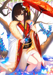 Rule 34 | 1girl, bad id, bad pixiv id, blunt bangs, brown hair, closed mouth, flower, grey eyes, hair flower, hair ornament, hairclip, holding, holding umbrella, japanese clothes, kimono, knees together feet apart, light smile, long hair, looking at viewer, nooko, obi, oil-paper umbrella, original, pond, red flower, sash, shawl, sitting, smile, soaking feet, solo, thighs, tree, umbrella, white kimono