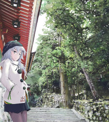Rule 34 | 1girl, adapted costume, against wall, alternate headwear, beanie, black pantyhose, coat, contemporary, female focus, grey eyes, grey hair, hands in pockets, hat, long hair, looking at viewer, mononobe no futo, nature, pantyhose, pleated skirt, shrine, skirt, solo, stairs, takanashi akihito, temple, touhou, tree