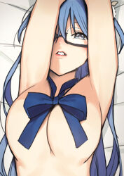 1girl 22/7 arms_up black-framed_eyewear blue_bow blue_bowtie blue_eyes blue_hair bow bowtie breasts from_above hair_ornament light_blue_hair long_hair looking_at_viewer lying maruyama_akane nagareboshi naked_bowtie nude on_back one_eye_covered parted_lips pom_pom_(clothes) pom_pom_hair_ornament rectangular_eyewear semi-rimless_eyewear solo under-rim_eyewear upper_body