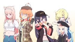 Rule 34 | 5girls, :q, animal ears, beret, blonde hair, blue eyes, blush, closed mouth, commentary, cosplay, costume switch, english commentary, fins, fish tail, forehead writing, gawr gura, gawr gura (casual), glasses, gun, hair ornament, hat, hat writing, highres, holding, holding gun, holding microphone, holding weapon, hololive, hololive english, microphone, midriff, mori calliope, mori calliope (streetwear), multiple girls, namiorii, navel, ninomae ina&#039;nis, ninomae ina&#039;nis (casual), open mouth, orange hair, pink hair, pointing, pointy ears, purple eyes, red eyes, shark tail, split mouth, tail, takanashi kiara, takanashi kiara (casual), tentacle hair, tongue, tongue out, virtual youtuber, watson amelia, watson amelia (street casual), weapon