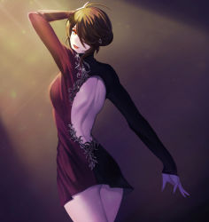 Rule 34 | 1girl, ara haan, arm up, backless dress, backless outfit, backlighting, black dress, brown hair, cowboy shot, dress, elsword, from behind, hair over one eye, highres, looking at viewer, looking back, on (isk1812), short dress, short hair with long locks, sidelocks, solo, sparkle, standing