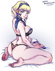 Rule 34 | 1girl, blonde hair, blue hairband, bra, constance von nuvelle, earrings, fire emblem, fire emblem: three houses, hairband, jewelry, looking at viewer, mina cream, multicolored hair, nintendo, on bed, panties, purple hair, solo, underwear, underwear only