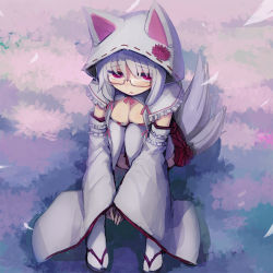 Rule 34 | 1girl, animal hood, bee (deadflow), breasts, cleavage, detached sleeves, flower, fox tail, hair ribbon, hood, light purple hair, long hair, long sleeves, original, pink eyes, ribbon, sandals, sitting, sleeves past wrists, solo, tail, thighhighs, white thighhighs