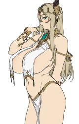 Rule 34 | 1girl, bare shoulders, blonde hair, blush, breasts, elf, flat color, from side, glance, green eyes, hair ornament, hand up, highres, houtengeki, houtengeki&#039;s elf girl, large breasts, long hair, looking at viewer, navel, original, parted lips, pointy ears, sideboob, simple background, thighs, white background