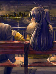 Rule 34 | 1boy, 1girl, absurdres, alternate costume, bench, black hair, black pants, blue archive, blurry, blush, boat, boots, building, business suit, clothes grab, coat, commentary request, dating, depth of field, fence, formal, from behind, fur-trimmed coat, fur trim, hair between eyes, hair ornament, halo, highres, knee boots, long hair, long sleeves, looking at another, looking away, looking to the side, night, night sky, okomekura, out of frame, pants, park bench, river, sensei (blue archive), sidelocks, sky, skyline, skyscraper, sleeve grab, smile, star (sky), starry sky, suit, suspension bridge, two side up, watercraft, yuuka (blue archive)