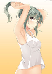 Rule 34 | 10s, 1girl, alternate costume, armpits, arms up, artist name, bad id, bad pixiv id, bare arms, bare shoulders, breasts, commentary request, eyebrows, green hair, hair tie, kankitsunabe (citrus), kantai collection, long hair, looking at viewer, looking to the side, no bra, one-hour drawing challenge, ponytail, small breasts, solo, twitter username, yuubari (kancolle)