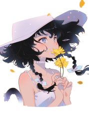 Rule 34 | 1girl, absurdres, animal ears, arutera, bad id, bad pixiv id, black hair, blue eyes, braid, cat ears, cat tail, cropped torso, dress, flower, hands up, hat, highres, original, petals, short hair with long locks, simple background, solo, sun hat, sundress, tail, twin braids, upper body, white background, white dress