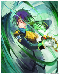 Rule 34 | 1boy, ascot, blue eyes, border, dated, evil smile, gloves, hair over one eye, highres, holding, holding sword, holding weapon, long sleeves, male focus, nagasawa tougo, open mouth, purple hair, rapier, saleh, smile, solo, sword, tales of (series), tales of rebirth, twitter username, uniform, weapon, white border, white gloves, yellow ascot