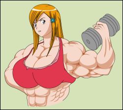 Rule 34 | abs, biceps, bleach, breasts, dumbbell, extreme muscles, inoue orihime, muscular, weights