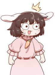 Rule 34 | 1girl, ^^^, animal ears, blush, brown eyes, brown hair, carrot, carrot necklace, clenched hands, dress, hair between eyes, inaba tewi, necklace, open mouth, pink dress, poronegi, puffy short sleeves, puffy sleeves, rabbit ears, short hair, short sleeves, simple background, solo, surprised, sweat, sweatdrop, white background, wide-eyed