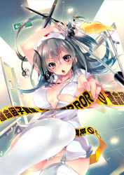 Rule 34 | 1girl, arm up, black hair, blush, breasts, brown eyes, caution tape, chestnut mouth, cleavage, cover, garter straps, hat, intravenous drip, kamizuki shiki, long hair, nail polish, nurse, nurse cap, open mouth, panties, pantyshot, solo, standing, stethoscope, thighhighs, underwear, white thighhighs