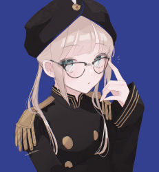 Rule 34 | 1boy, adjusting eyewear, bespectacled, black-framed eyewear, blonde hair, blue background, blue eyes, blush, captain nemo (fate), fate/grand order, fate (series), glasses, hat, highres, jacket, long hair, long sleeves, looking at viewer, male focus, meloettta, nemo (fate), parted lips, solo, turban, twintails, uniform