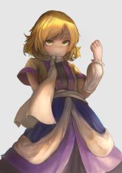 Rule 34 | 1girl, arm at side, arm up, arm warmers, blonde hair, cowboy shot, curled fingers, dress, fjsmu, from below, green eyes, grey background, highres, kubrick stare, layered dress, looking at viewer, mizuhashi parsee, sash, scarf, short hair, short sleeves, simple background, smile, solo, standing, touhou, white scarf