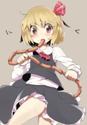 Rule 34 | 1girl, bad id, bad pixiv id, blonde hair, blush, eating, embodiment of scarlet devil, female focus, food, hair ribbon, open mouth, red eyes, ribbon, rumia, sausage, short hair, sil, solo, supershiruco, touhou