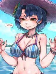 Rule 34 | 1girl, bare arms, bare shoulders, bikini, blue bikini, blue hair, blue sky, blush, bracelet, breasts, cleavage, closed mouth, cloud, collarbone, commentary, day, embarrassed, fingernails, flower, frilled bikini, frills, front-tie bikini top, front-tie top, hair flower, hair ornament, halterneck, hands up, hat, highres, hold111, idolmaster, idolmaster million live!, jewelry, large breasts, looking ahead, looking down, navel, necklace, orange eyes, outdoors, pink hat, raised eyebrows, short hair, sky, solo, speech bubble, spoken blush, stomach, striped bikini, striped clothes, sun hat, sweat, swimsuit, toyokawa fuka, upper body, water, wavy hair, wavy mouth, yellow flower