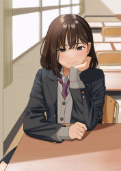 Rule 34 | 1girl, brown eyes, brown hair, buttoned cuffs, buttons, cardigan, chair, classroom, closed mouth, day, desk, diagonal-striped clothes, diagonal-striped necktie, grey cardigan, grey jacket, hair behind ear, hand up, head rest, indoors, jacket, lapels, light blush, long sleeves, looking at viewer, loose necktie, mattaku mousuke, medium hair, necktie, notched lapels, on chair, open clothes, open jacket, original, red necktie, school uniform, sitting, smile, solo, straight hair, striped clothes, twitter username, upper body, watermark