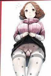 Rule 34 | 10s, 1girl, black skirt, blush, breasts, brown eyes, brown hair, cameltoe, casual, cleft of venus, clothes lift, embarrassed, floral print, flying sweatdrops, forehead, gusset, hews, large breasts, layered sleeves, lifted by self, long sleeves, looking at viewer, miniskirt, okumura haru, panties, pantyhose, persona, persona 5, pink sweater, pleated skirt, revision, school uniform, short hair, shuujin academy school uniform, simple background, skirt, skirt lift, sleeves past wrists, solo, standing, sweater, tareme, thigh gap, thighband pantyhose, turtleneck, turtleneck sweater, underwear, upskirt, white background