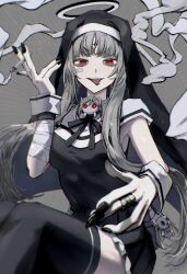 Rule 34 | 1girl, absurdres, aimaina, black dress, black nails, black thighhighs, blunt bangs, cigarette, cowboy shot, dress, fingernails, habit, halo, hatsune miku, highres, holding, holding cigarette, kamippoina (vocaloid), long hair, looking at viewer, muted color, nun, red eyes, ringed eyes, sitting, smile, solo, takayou, teeth, thighhighs, tongue, tongue out, twintails, vocaloid, zettai ryouiki