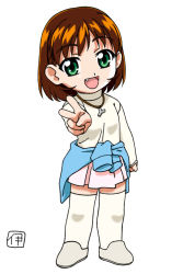 Rule 34 | 1990s (style), 1girl, :d, brown hair, chibi, clothes around waist, fang, full body, green eyes, itou katsunobu, jewelry, long sleeves, looking at viewer, necklace, open mouth, outstretched arm, pleated skirt, retro artstyle, shoes, simple background, skirt, smile, solo, soreyuke! uchuu senkan yamamoto youko, standing, thighhighs, turtleneck, v, white background, white thighhighs, yamamoto youko, zettai ryouiki