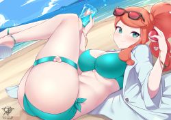 Rule 34 | 1girl, absurdres, aqua bikini, ass, beach, bikini, blush, bracelet, breasts, buttons, cleavage, closed mouth, cloud, commentary, creatures (company), cup, day, drinking straw, eyelashes, feet up, game freak, green bikini, green eyes, heart, highres, holding, holding cup, holding poke ball, jewelry, kaos art, lab coat, long hair, looking at viewer, lying, nintendo, on back, orange hair, outdoors, poke ball, poke ball (basic), pokemon, pokemon swsh, sand, sandals, shore, sky, smile, solo, sonia (pokemon), sunglasses, swimsuit, water, watermark