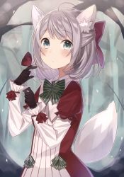 Rule 34 | 1girl, absurdres, ahoge, animal ears, black gloves, blue eyes, blush, bow, closed mouth, forest, gloves, grey hair, hair bow, half updo, highres, looking at viewer, nagitoki, nature, original, purple bow, scan, short hair, solo, tail, upper body
