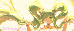 1girl ;d absurdres arms_up artist_name bare_shoulders bloom bow choker closed_mouth floating_hair gold green_eyes green_hair hair_between_eyes hands_in_hair hands_in_own_hair hatsune_miku highres light_particles long_hair looking_at_viewer maojing one_eye_closed open_mouth smile solo twintails upper_body very_long_hair vocaloid yellow_background yellow_bow yellow_choker