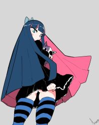 Rule 34 | 1girl, akisas99, aqua eyes, black dress, black hair, blue bow, blue ribbon, blunt bangs, bow, cat, colored inner hair, commentary, cowboy shot, dress, english commentary, eyebrows hidden by hair, from below, gothic lolita, hair bow, hair ribbon, highres, lolita fashion, long hair, looking at viewer, looking back, multicolored hair, narrowed eyes, panties, panty &amp; stocking with garterbelt, pink hair, ribbon, stocking (psg), striped clothes, striped thighhighs, thick eyebrows, thighhighs, underwear, very long hair