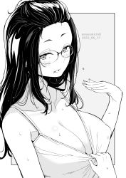 Rule 34 | 1girl, blush, breasts, cleavage, commentary request, dated, glasses, grey background, greyscale, highres, hot, kichihachi, large breasts, long hair, looking at viewer, mole, mole under mouth, monochrome, original, simple background, solo, sweat, twitter username, two-tone background, upper body, white background