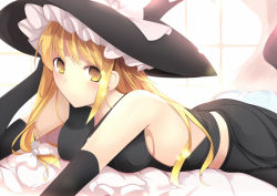 Rule 34 | 1girl, :&lt;, alternate costume, bare back, bare shoulders, black gloves, blonde hair, blue theme, blush, bow, breast rest, breasts, brown eyes, covered erect nipples, daiaru, elbow gloves, female focus, gloves, hair bow, hat, hat bow, kirisame marisa, large breasts, leg up, long hair, looking at viewer, lying, no bra, on bed, on stomach, sideboob, solo, touhou, witch, witch hat, yellow eyes