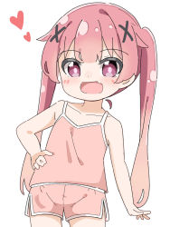 Rule 34 | 1girl, :d, bare arms, bare shoulders, blush, camisole, collarbone, commentary request, fang, hair ornament, hand on own hip, heart, highres, kapuru 0410, long hair, looking at viewer, open mouth, pink camisole, pink hair, pink shorts, purple eyes, short shorts, shorts, simple background, smile, solo, tanemura koyori, twintails, very long hair, watashi ni tenshi ga maiorita!, white background, x hair ornament