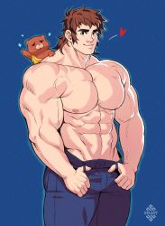 Rule 34 | 1boy, abs, bara, brown hair, commentary, fate/grand order, fate (series), highres, large pectorals, long hair, male focus, muscular, muscular male, orion (bear) (fate), pectorals, smile, stuffed animal, stuffed toy, super orion (fate), teddy bear, thick eyebrows, topless male, xelgot